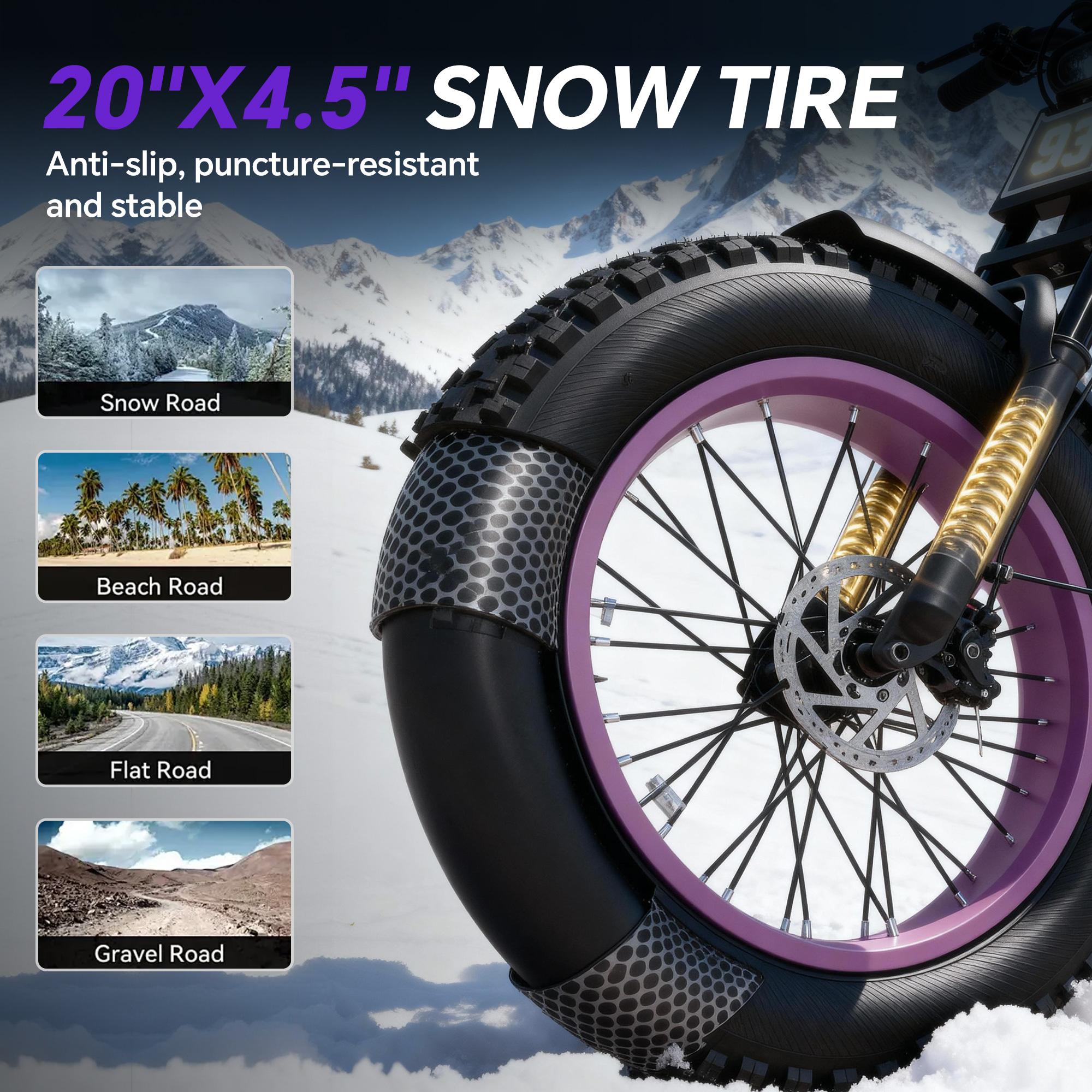 Upgraded electric bicycle with high carbon steel frame, hydraulic shock absorption, full suspension system, top speed of 32mph, 48V 1500W motor, riding assistance range of 40-70 miles, 20 * 4.5-inch all terrain tires, snow tires, off-road motorcycle