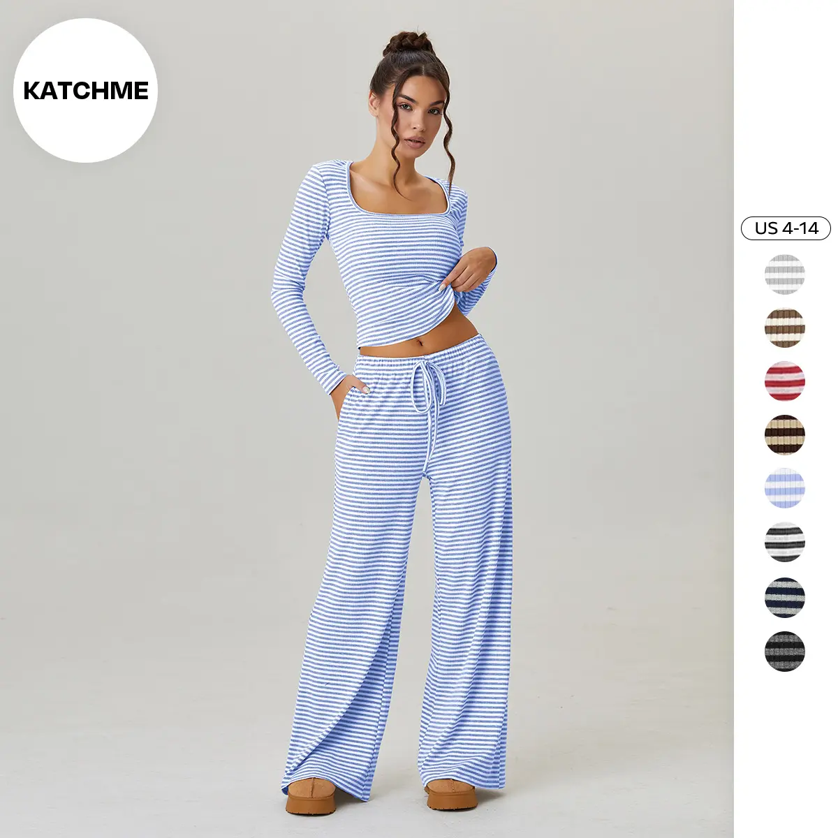 KatchMe Women's Versatile Square Neck Stripe Long Sleeve Crop Top & Low-Rise Wide Leg Trousers Co-ord, Soft Breathable High Stretch Outfits, Summer Sets