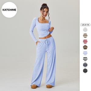 KatchMe Women's Versatile Square Neck Stripe Long Sleeve Crop Top & Low-Rise Wide Leg Trousers Co-ord, Soft Breathable High Stretch Outfits, Summer Sets