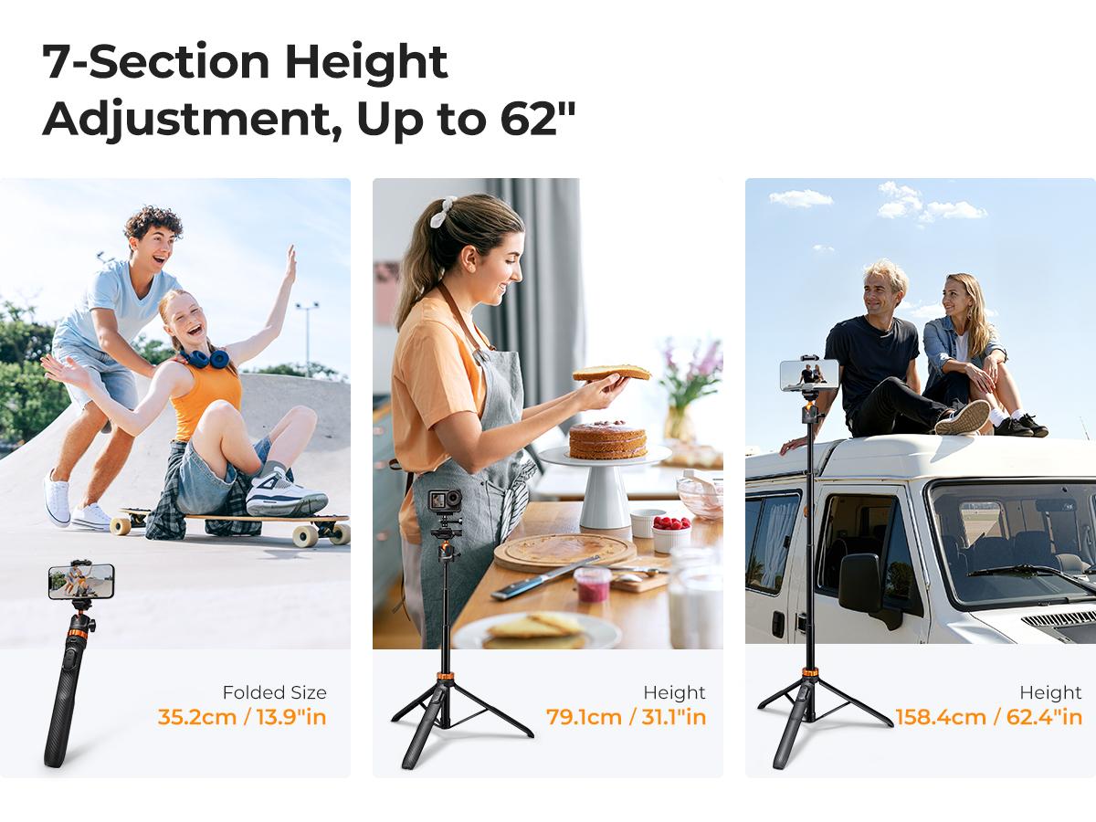 K&F CONCEPT Selfie Stick Tripod – 2-in-1 Phone/Camera Stand with Built-in Remote | For iPhone/Android, Works with Selfie Accessories & GoPro/DJI/Insta360 | Ideal for Travel/Live Streaming/Vlogging/Daily Use