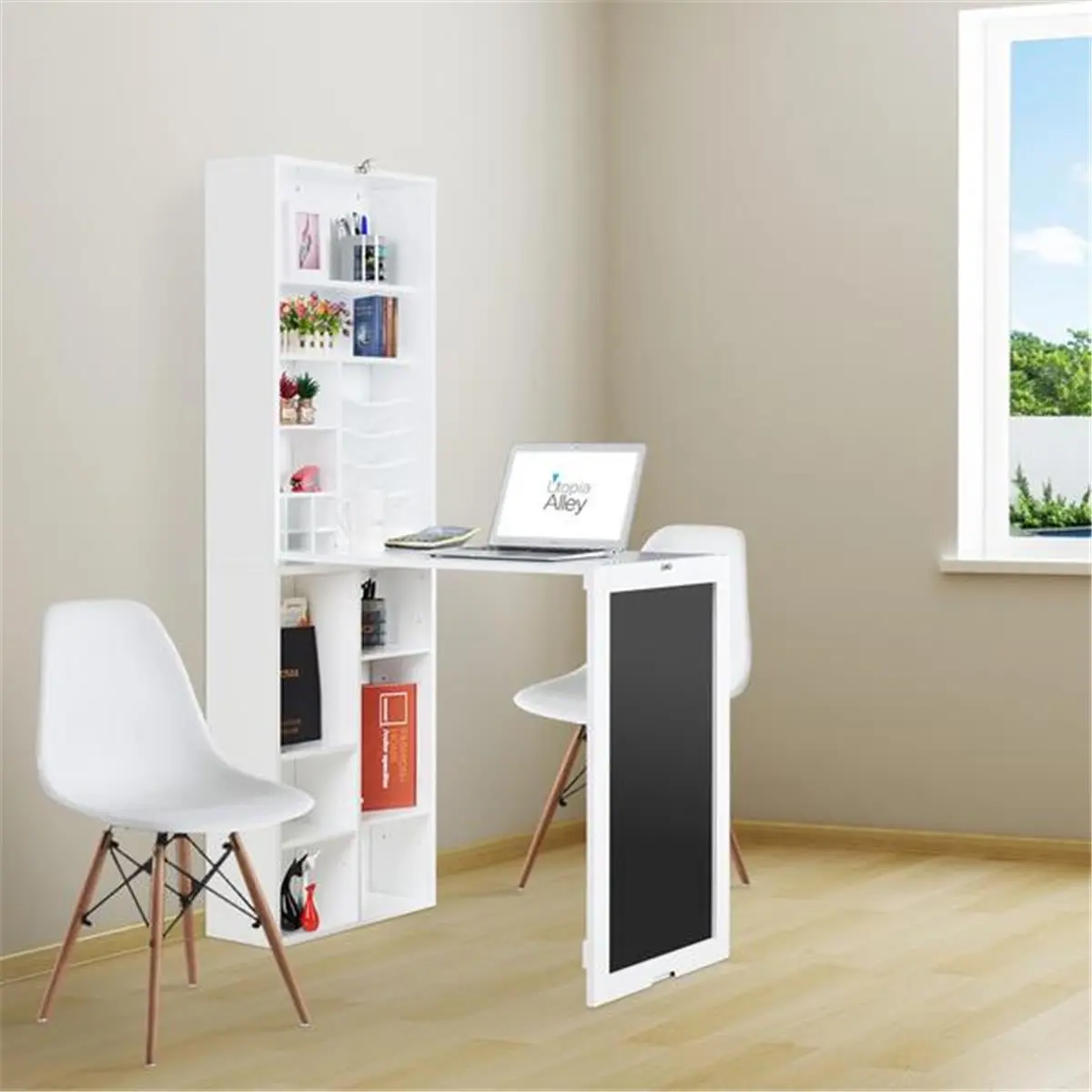 Utopia Alley Laminate MDF Compact Wall Mount Cabinet Desk - Collapsible Fold-Down, Chalkboard, Multi-Shelf Cubbies, Bottom Shelf, 19.7" L x 37" D x 60" H, USA-Woman Owned Office Furniture Set for Scrapbooking, Homework