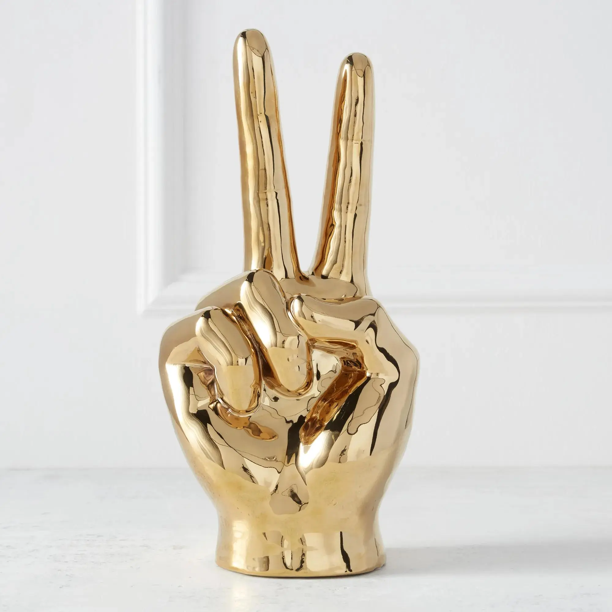 Z Gallerie Handmade Gold Ceramic Peace Sign Metallic Sculpture - 6.5x4.75x14" Ceramic Ornaments, Chic Decor, Funky Unique Accent, Boujee Home Accessory, New Home Gift, New Home Ornament
