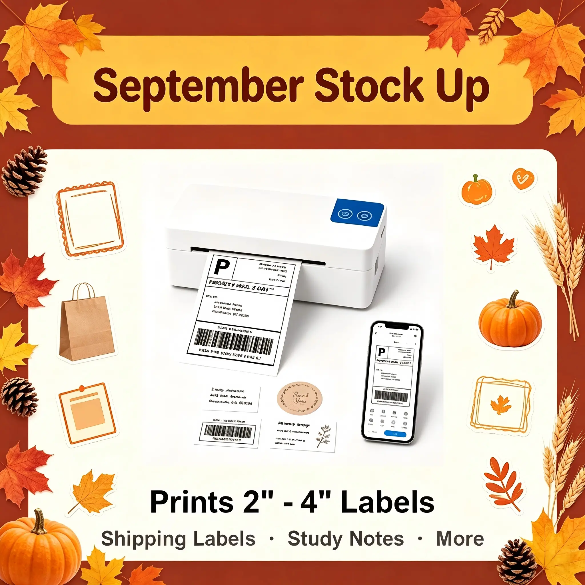 [Back to School] Bluetooth Wireless Thermal Label Printer - Inkless, Compact Monochrome AI Printer, Compatible with iOS, Android, Windows, Mac, PC, Works with Etsy, USPS, Includes Batteries