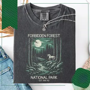 Forbidden Forest National Park Aesthetic T Shirt, Trendy Magical Unicorn Moonlight Graphic Tee, Vintage Style Forbidden Forest Illustration Top, Retro Wizarding School Nature Fan Gift Apparel