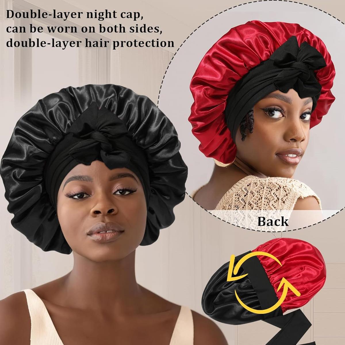 Women's Reversible Double-Layer Satin Bonnet Hats with Elastic Tie Band, 2PCS Hair Scrunchies, Lightweight Haircare Accessory for Adults to Reduce Frizz, Ideal Gift,summerwins