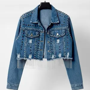 Custom design Blue Sparkly Tassel Denim Jacket with Rhinestones & Studs | Punk Rock Jean Jacket | Glam Boho Fringe Denim Outerwear with Silver Chains | Trendy Streetwear Party Jacket