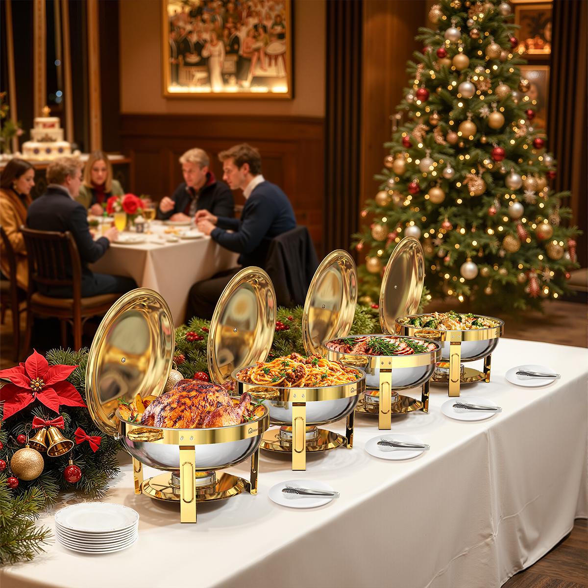 WARMOUNTS 5QT Gold Chafing Dishes for Buffet with Glass Lid, Round Stainless Steel Chafers and Buffet Warmers Sets with Lid Holder, Rolled Rim Design, for Easter Brunch, Parties & Weddings (2/4/6 Pack)