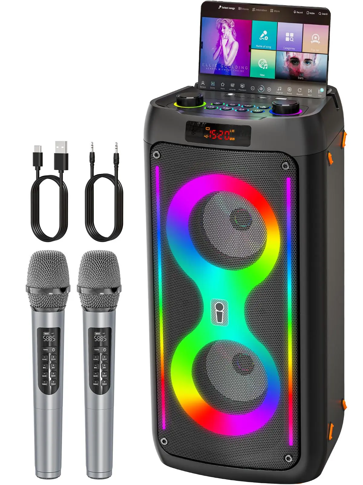 Carra KO K71 Karaoke Machine Portable Bluetooth Speaker with 2 Wireless Microphones PA System Disco Lights for Big Party Outdoor Use Supports USB TF REC AUX Ideal Gift for Family Music Lovers