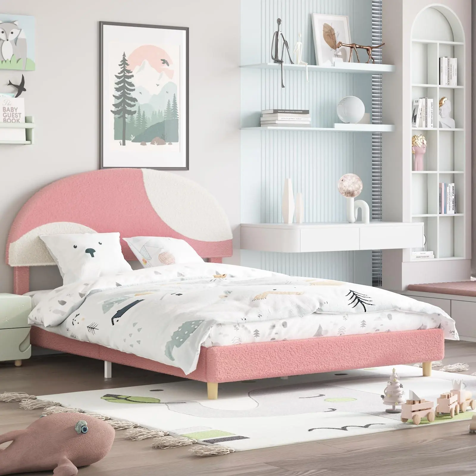 GARVEE Upholstered Platform Bed Frame - Round Boucle Arch Headboard, Blush Pink & White Contemporary Upholstered Bed, Sturdy Kids Wooden Slats, No Box Spring Required, Easy Assembly