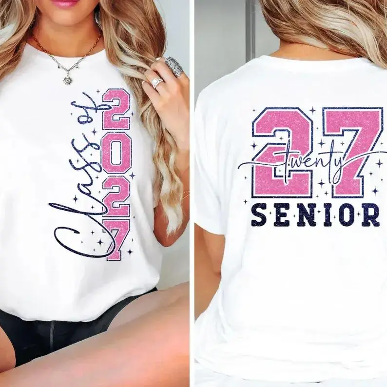 Class of 2027 Senior Graphic T-Shirt, Breathable 100% Cotton Short Sleeve Crewneck Top with a Comfortable Regular Fit