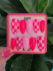Hand painted pink checkered mismatched press on nails,checkered nails,y2k nails,pink press on nails, neon pink nails