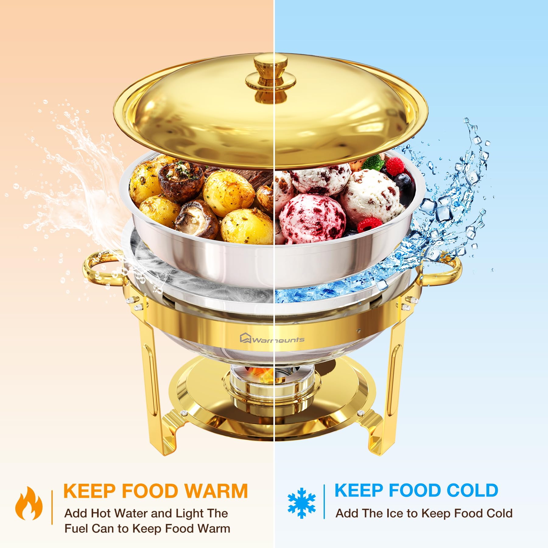 WARMOUNTS Gold Chafing Dishes for Buffet 5QT, Round Stainless Steel Chafer and Warmer Set with Lid Holder, Mirror-polished, Rolled Rim Process (No Finger Cuts), for Catering, Party, Wedding(2/4/6 Pack) WARMOUNTS Gold Chafing Dishes for Buffet 5QT, Round Stainless Steel Chafer and Warmer Set with Lid Holder, Mirror-polished, Rolled Rim Process (No Finger Cuts), for Catering, Party, Wedding(2/4/6 Pack)