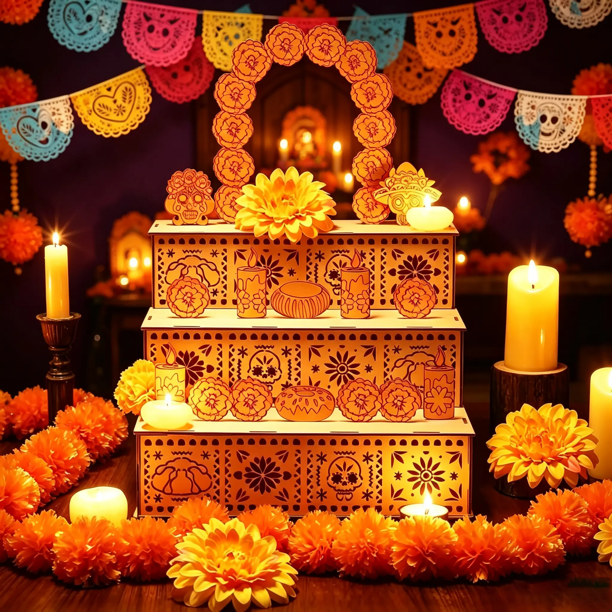 Mexican Day of the Dead Wooden Altar Display Set – 3-Tier *Día de los Muertos* Decorative Ornament