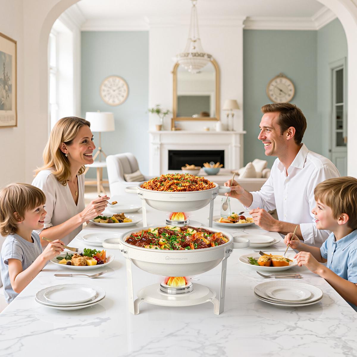 WARMOUNTS 5QT White Chafing Dishes for Buffet with Glass Lid 2/4 Pack, Maifanite-Coated Round Chafing Dish Set w/Mirror-Polished Stainless Steel Rolled Rim, Stackable, Lid Holder for Party, Wedding