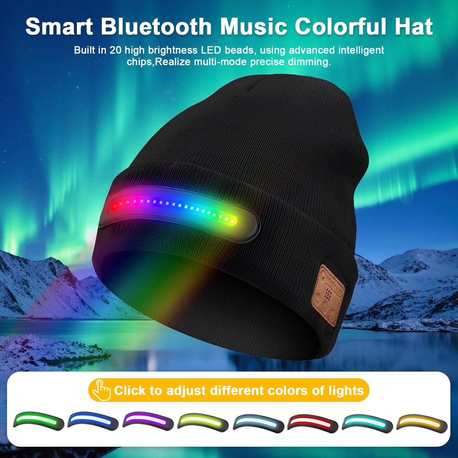Bluetooth Beanie with a Light, Unisex USB Rechargeable 4 LED Fashlight Hat with Cordless Headphones, Unique Christmas Gifts - Black
