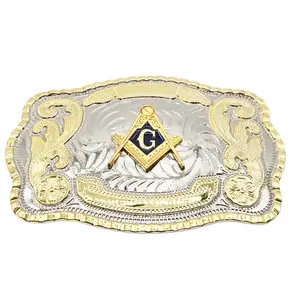 WMG Masonic Mason Symbol Logo Large Huge Rodeo Western Gold Tone Belt Buckle Fits Up to 2 Inch Belts