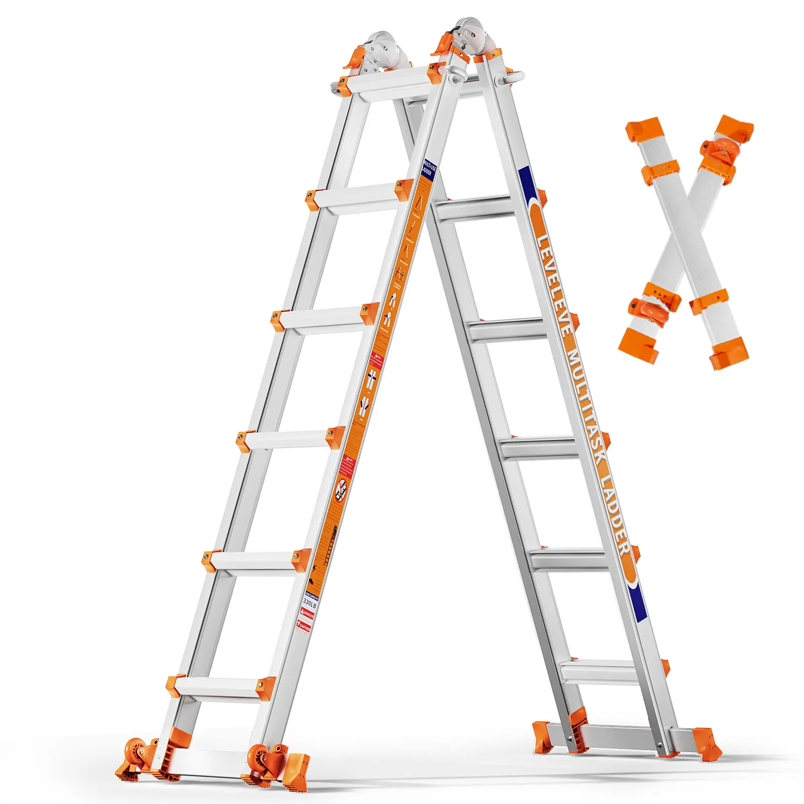 LEVELEVE Extendable Telescopic Multi-Position Ladder - Convertible Modes, A-Frame Step Ladder with Stabilizer Bars, Narrow Folded Width, 330LBS Load Capacity, Wheels, Safe for Home & Outdoor Roof Work, Extendable Telescopic Ladders