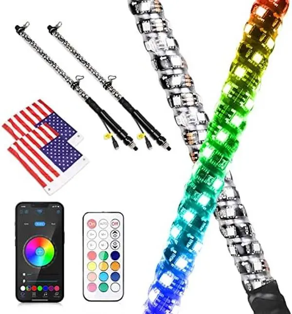 LED Whip Lights, 2PCS 2FT UTV ATV Lighted Whips Bluetooth APP/Remote Control RGB LED Whips Antenna Flags for UTV SXS Side by Side Trucks RZR Can-Am Kawasaki Honda Yamaha Accessories