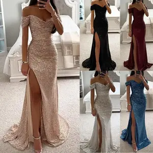 2025 party sequins off shoulder camisole dress, women's formal dance dress, wedding dress, guest dress