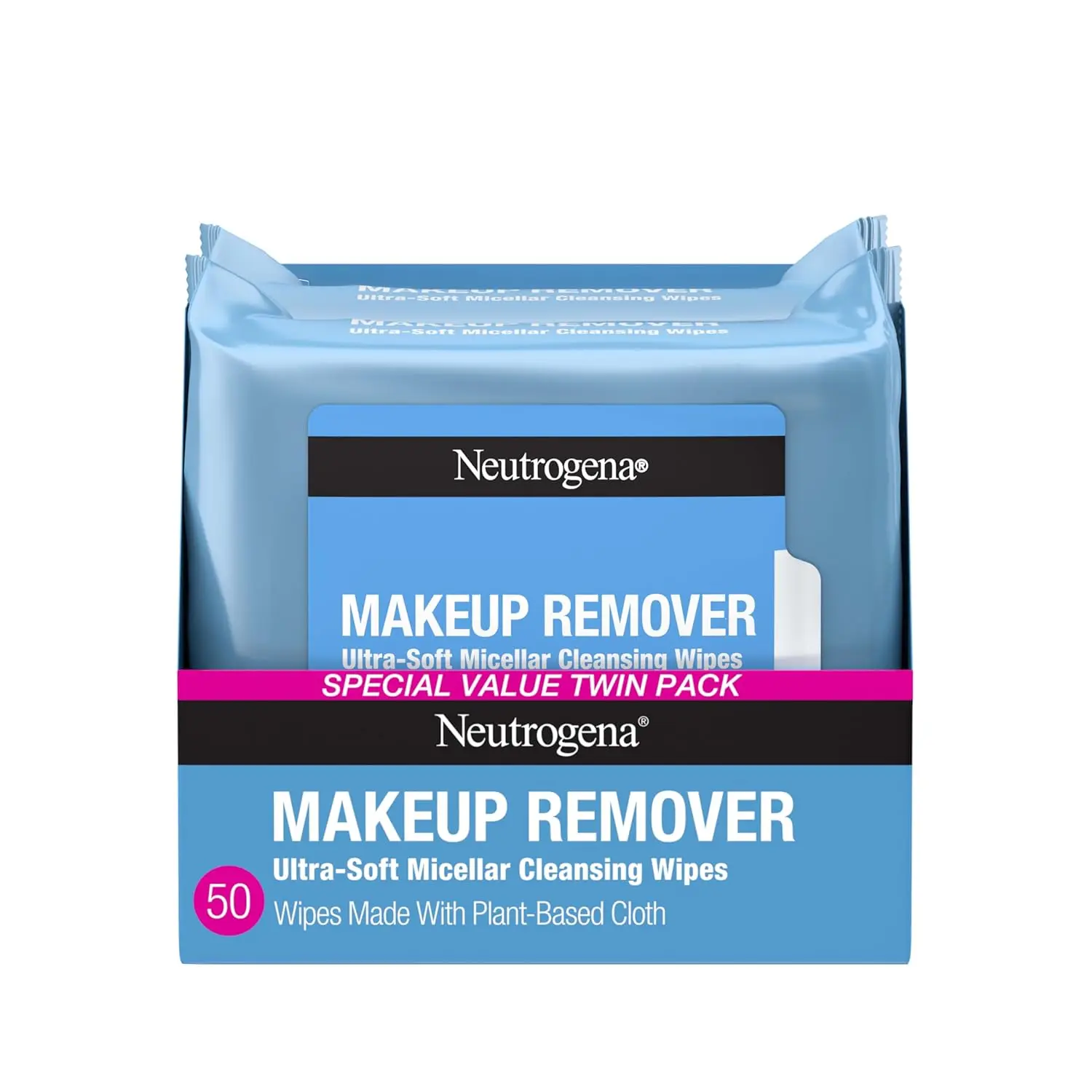 Neutrogena Micellar Water Face Cleansing Wipes - Hypoallergenic, Daily Use, Gentle, Lightweight, Nourishing Oil & Dirt Remover with Hyaluronic Acid, Waterproof Makeup Remover, Fully Plant-Based Cloths, Twin Pack (25 Ct Each)
