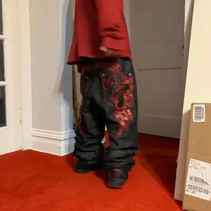 High  Gothic Embroidered Men Black Red Pattern Y2K High Waist Jeans American Retro  Couple Casual  Streetwear Denim baggy  street pants  breathable pant  slant pocket design  loose  jean  fashion  short fashionable lightweight gym for le comfy