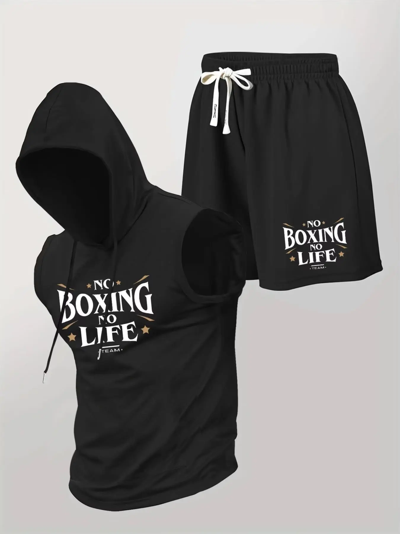 Men's 2 Piece Boxing Workout Set, "NO BOXING NO LIFE" Graphic Sleeveless Hoodie and Shorts, Athletic Gym Training Outfit, Lightweight Breathable Streetwear Tracksuit for Bodybuilding Running, Athletic Sets