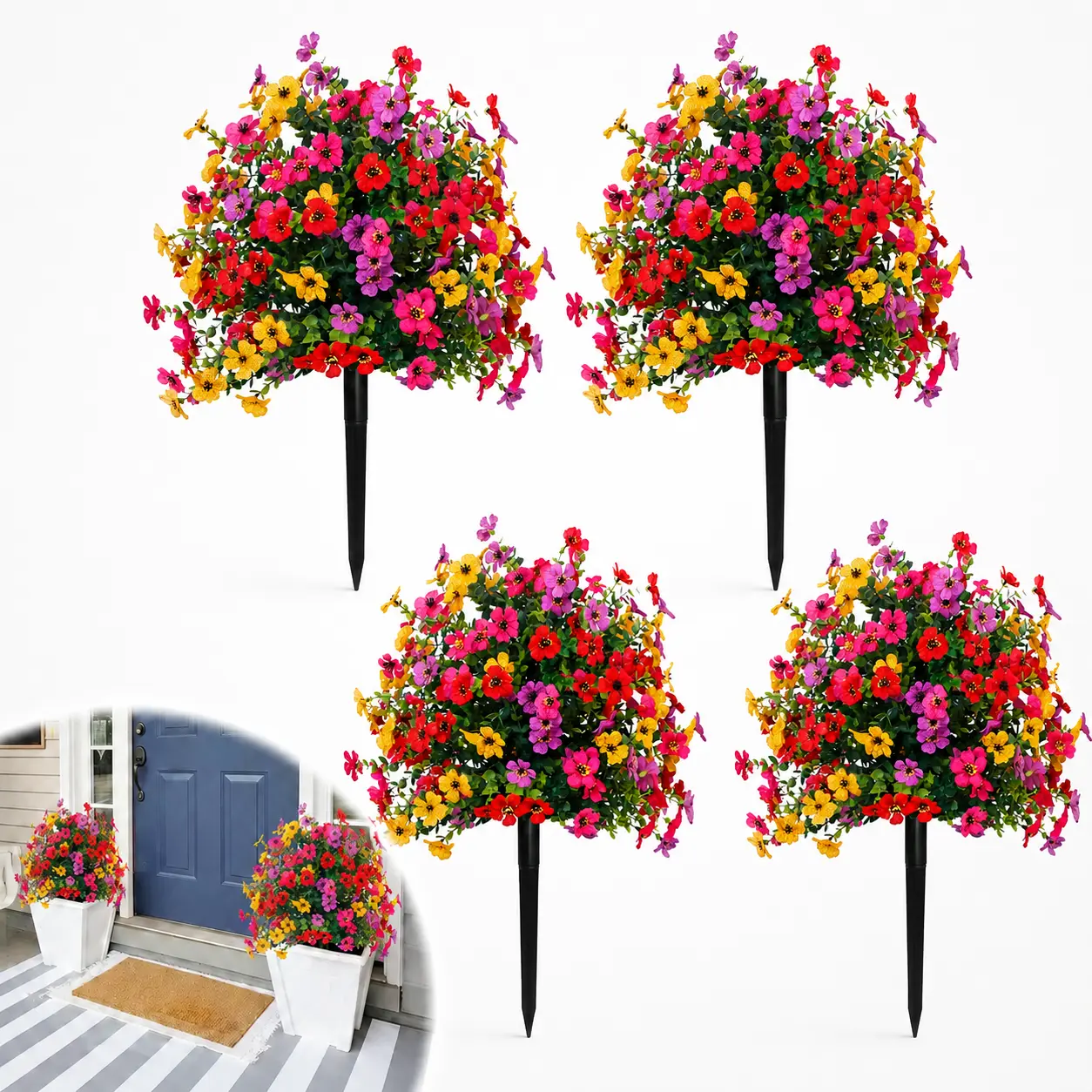 4-Pack UV Protection Artificial Flower Bouquet with Stake, Weatherproof Faux Bouquet Flowers for Landscaping Decor, Floral Decor in Planters, Garden, Indoor Room Accents