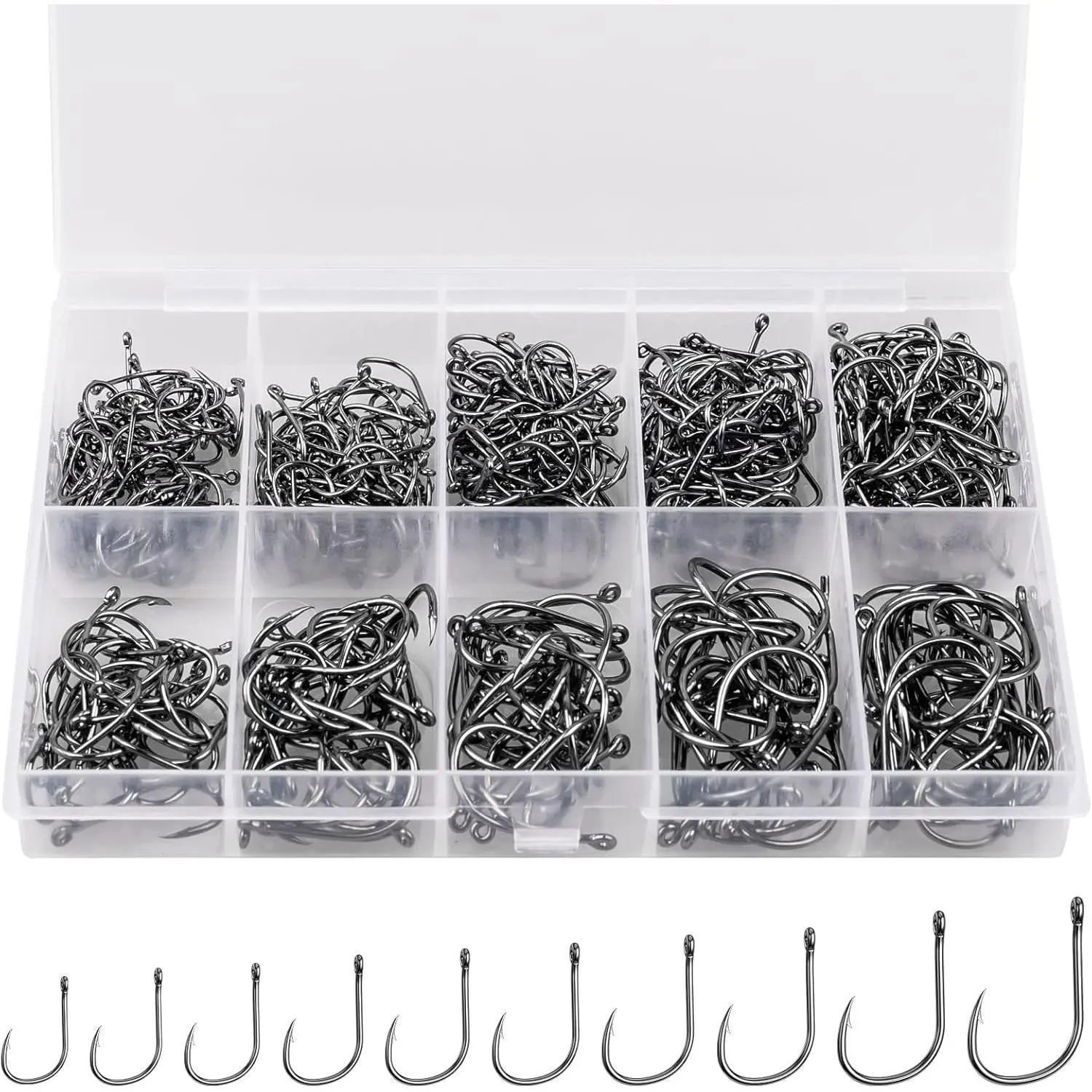500PCS Premium Fishing Hooks, 10 Sizes/4 Sizes Carbon Steel Fishing Hooks W/Portable Plastic Box, Strong Sharp Fish Hook with Barbs for Freshwater/Seawater