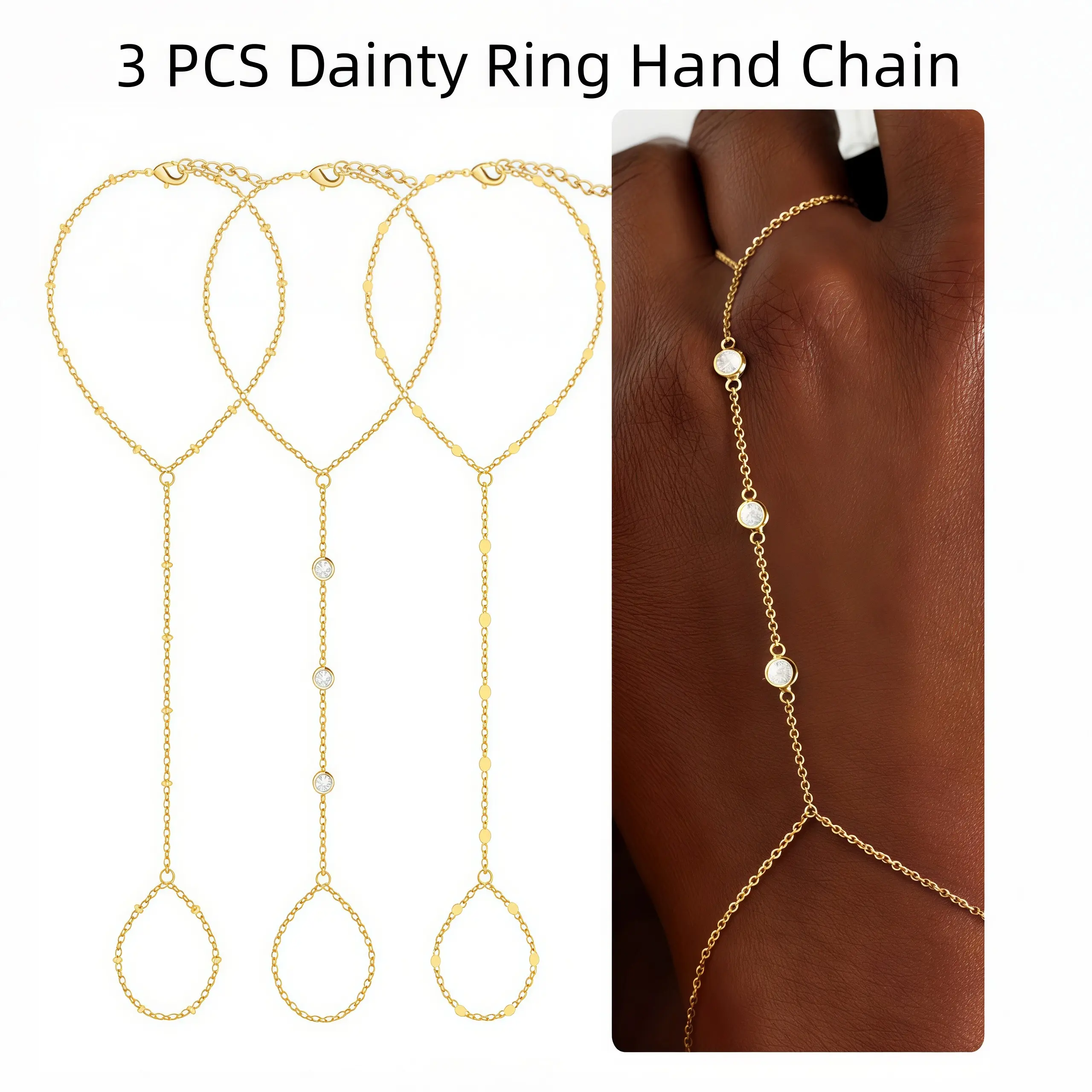 17KM 3Pcs Adjustable 14K Gold-Plated Stack Bracelets - Trendy Dainty Ring Hand Chain Jewelry, summerwins summerwins,summeroutfits,vacationoutfits,beachoutfits