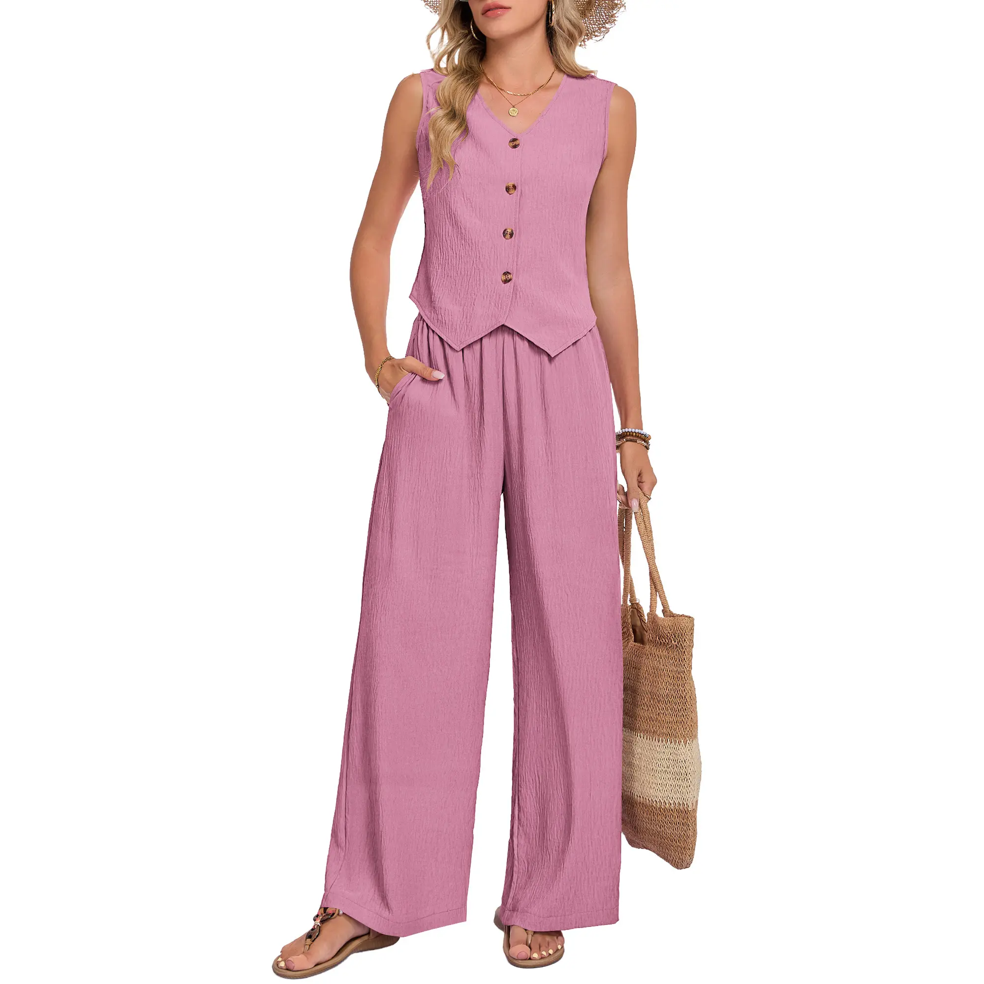 AUSELILY Womens Two Piece Outfits Summer Fashion Button V Neck Crop Vest Tops and Wide Leg Pants Suit Matching Sets