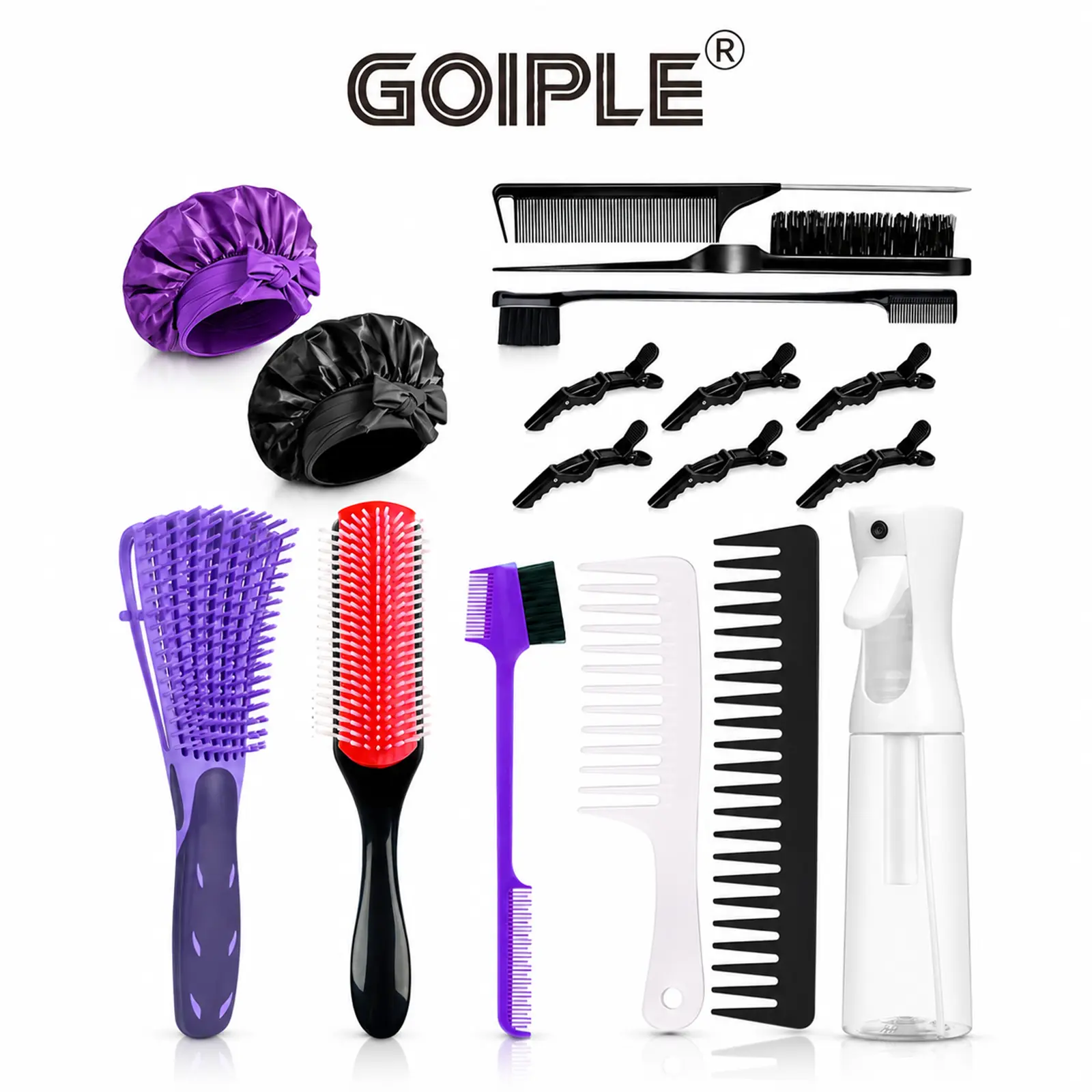 Goiple Hair Brush Set, 17-Piece Detangling & Styling Kit with Wide Tooth Comb, 9-Row Brush & Satin Bonnet, for All Hair Types, Purple