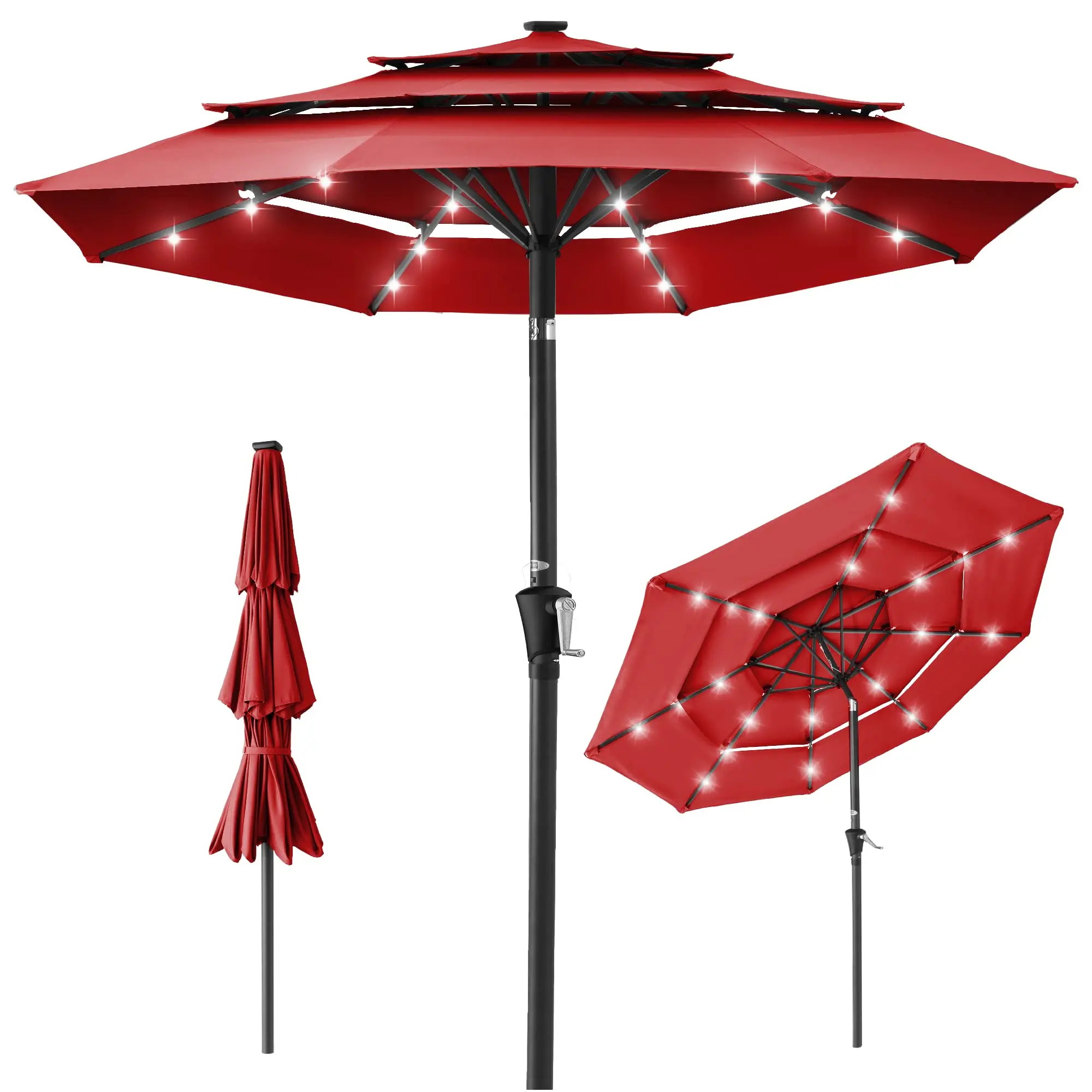 10ft Solar Powered 3-Tier Patio Umbrella with Adjustable Tilt Sunshade Canopy, 8-Rib 3-Layer Sunshade, 32 LED Lights, Easy to Use Crank, Enhanced Visibility for Backyard, Deck