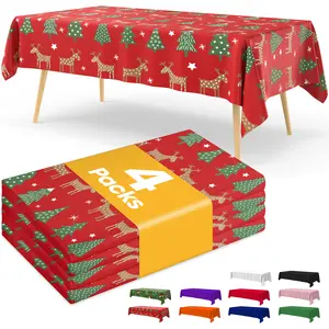 Christmas Disposable Tablecloth 4 Pack, 54x108 Inch Plastic Rectangle Table Covers, Leakproof & Sturdy Red Green Reindeer Tree Design for Holiday Party Decorations
