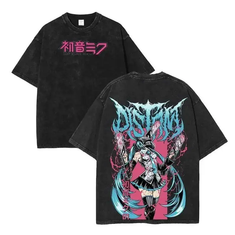 Men's Chainsaw Miku Anime Parody Graphic T-shirt, Vintage Retro 100% Cotton Short Sleeve Streetwear, Festive Gift for Jpop Manga Fans & Anime Addicts