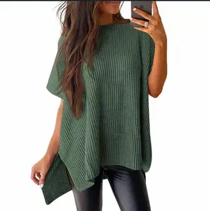 2026 Spring/Summer Oversized Cozy Ribbed Knit Top Women’s Crew Neck Short Sleeve Pullover Elegant Solid Color Knitwear with Side Slit for All-Season Casual
