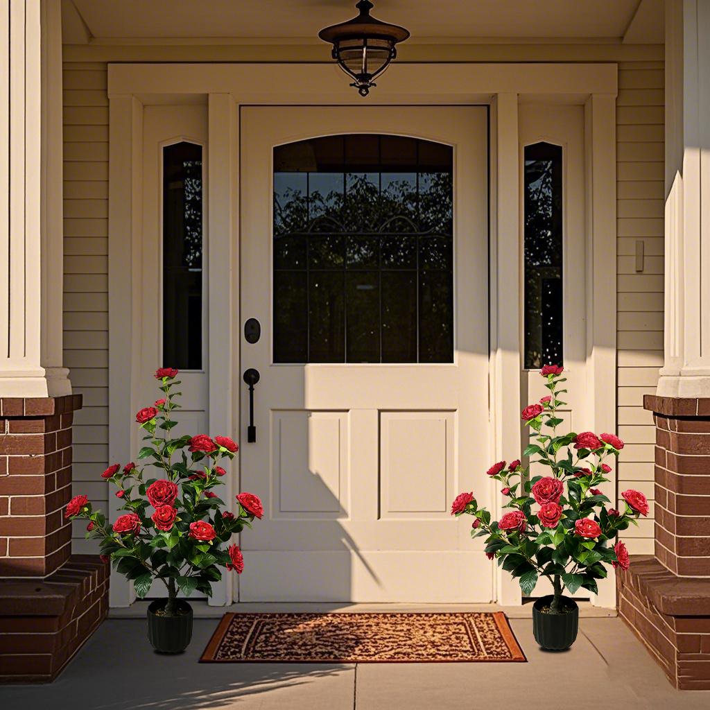 2 pcs of artificial camellia tree with built-in flower pot, 35.43 inch green plant potted plant suitable for indoor, outdoor, courtyard, porch decoration