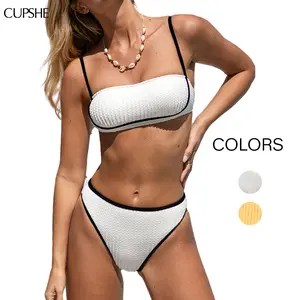 CUPSHE Coastal Ribbing Piping Bandeau & High-Rise Bottoms Bikini Set Trendy Adjustable Beachwear Straight Neckline High Rise Waist Straps Contrast Swimwear Swimsuit Women Season Bathing Suits bikini sets swimsuit for women