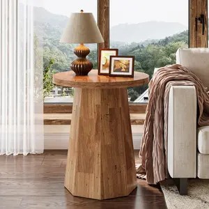 LITTLE TREE Farmhouse Round End Table, Wooden Couch Side Table with Octagonal Base, Rustic Brown Nightstand Pedestal Accent Furniture for Living Room, Bedroom (1, Walnut)