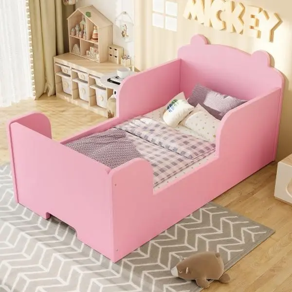 [Bellemave]Toddler Floor Bed Frame, Cot Bed for Boys and Girls Ages 3-6, Bear Shape Toddler Bed