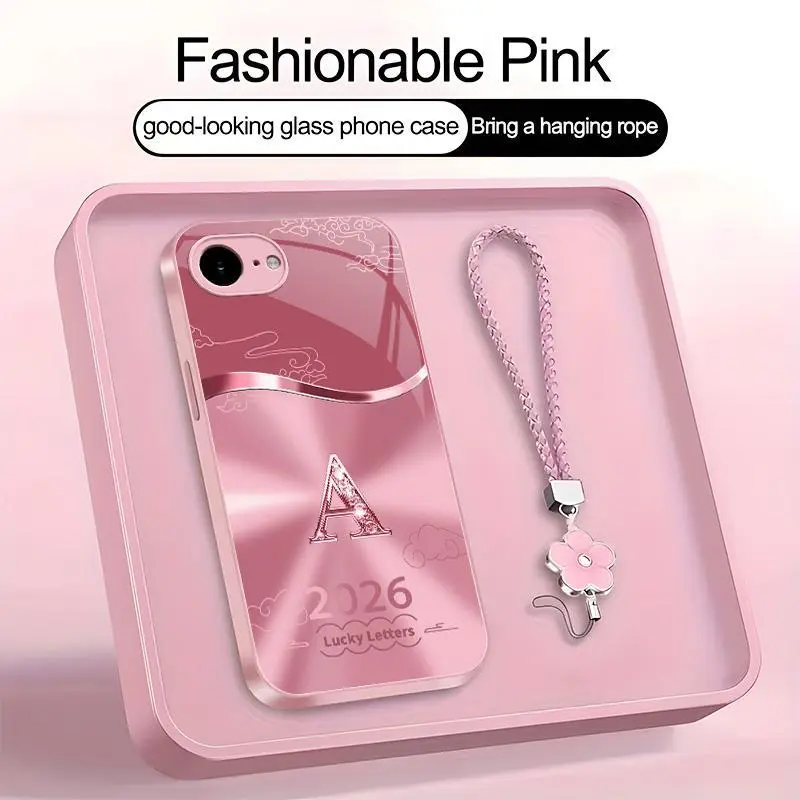 Suitable for [iPhone 16e] high-end women's phone case🤩，a free four-leaf clover lanyard is included, with 26 letters of the alphabet to choose from，auspicious cloud patterns bring you good luck 995