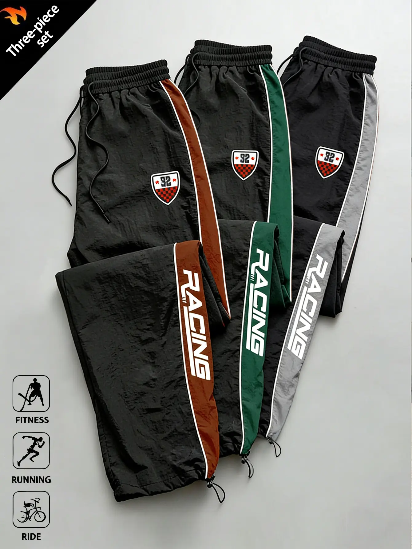 3-pack men’s fashion contrast-color drawstring casual pants, breathable and wear-resistant fabric, loose jogger fit, retro racing-style men’s casual athletic pants—versatile for sports and commuting, a perfect choice for summer outfits