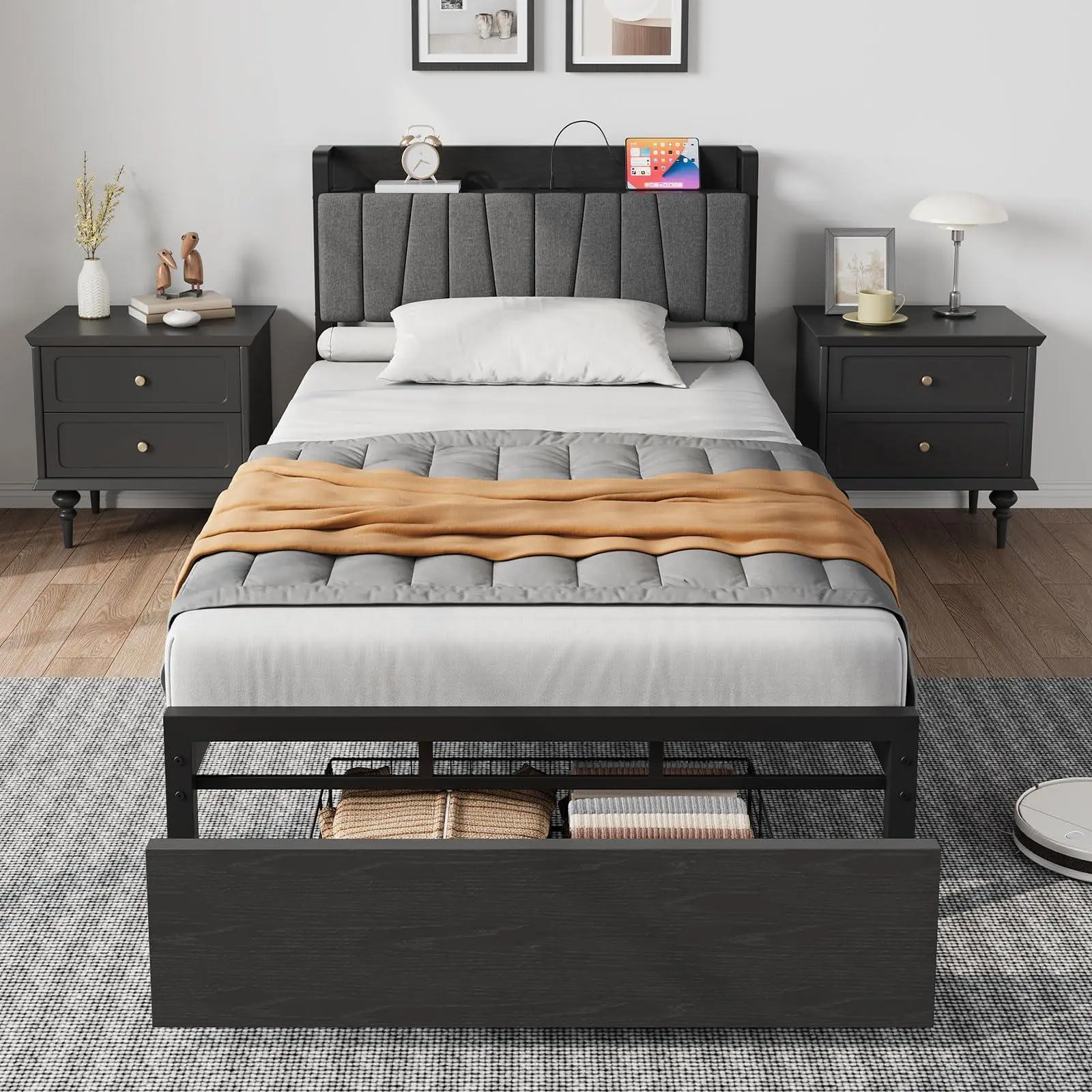 Twin Size Bed Frame with Storage Headboard, Black Twin Platform Bed with Large Drawer and Charging Station, Industrial No Box Spring Needed Bedframe,dorm essentials,home decor