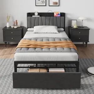 Twin Size Bed Frame with Storage Headboard, Black Twin Platform Bed with Large Drawer and Charging Station, Industrial No Box Spring Needed Bedframe