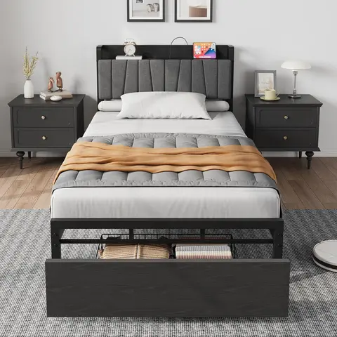 Gaomon Black Twin Size Industrial Minimalist Platform Storage Bed Frame with Durable Metal Storage Headboard, 2 Slideout Drawers, Charging Ports, Steel Slats, 700lb Capacity, Easy Assembly Required, No Box Spring Needed, Modern Indoor Furniture