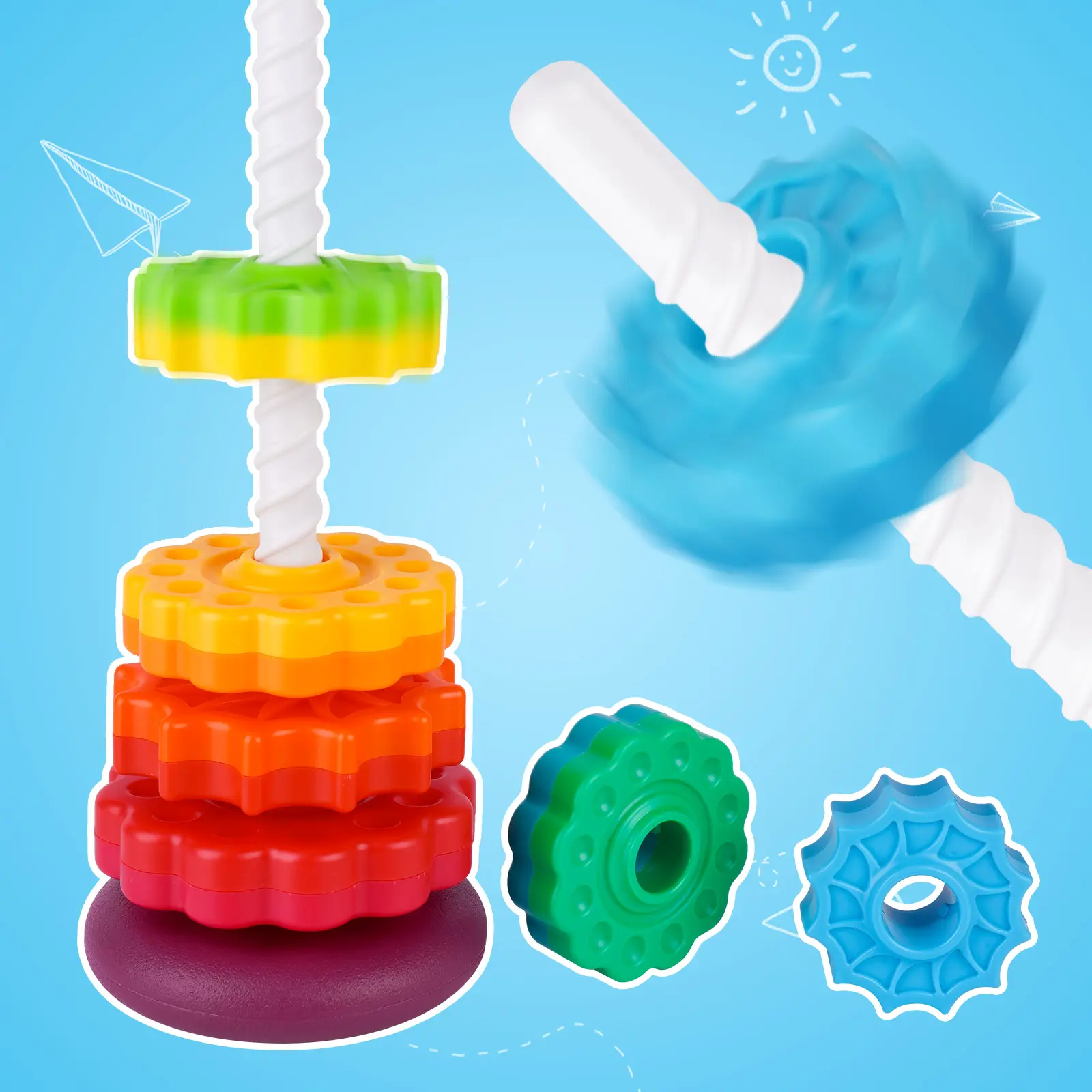 Rainbow Dual-Color Spinning Stacking Hanoi Tower, Premium Plastic Early Education Learning Spinning Top for Kids, Classic Kids Toys