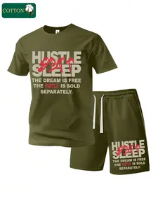 Men’s summer regular-fit cotton short-sleeve T-shirt and shorts set featuring an inspirational slogan letter print. Fashionable casual menswear for going out, with a pocketed athletic design and elastic drawstring waist. Suitable for running, golf, fishin