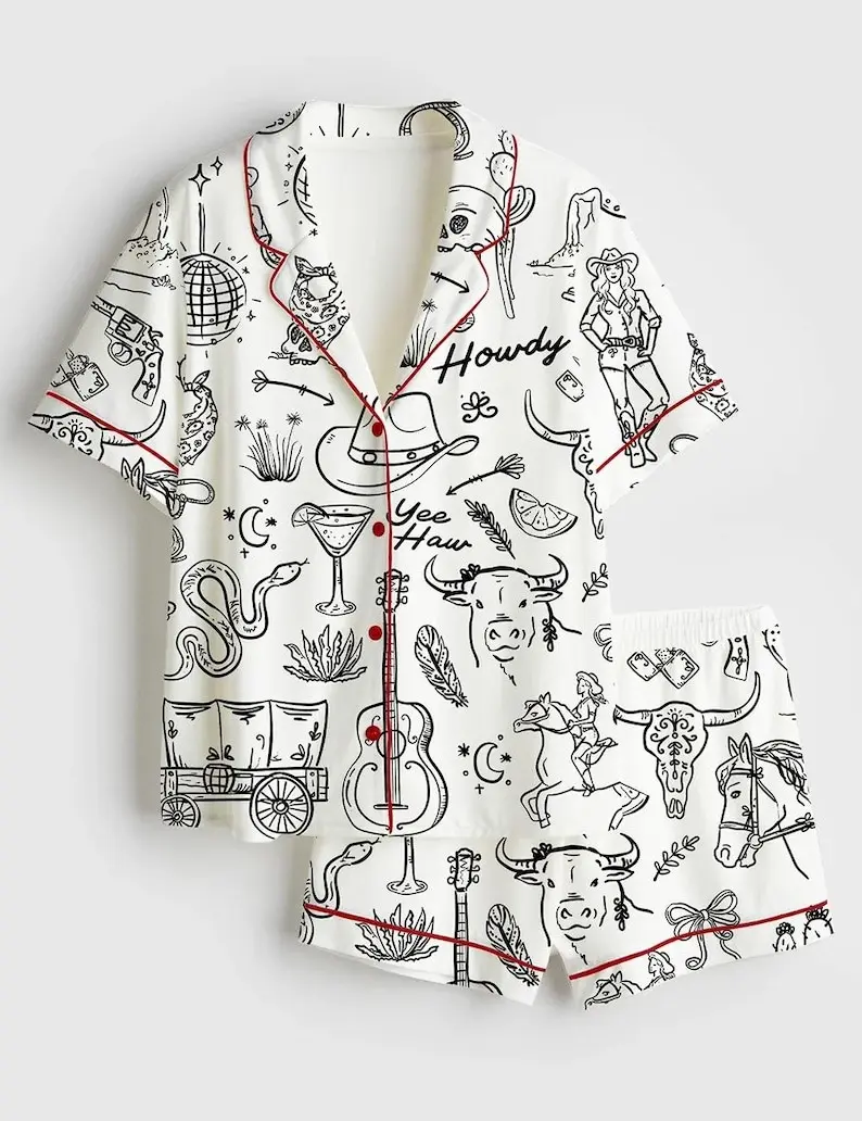 Cowgirl Whimsical Style Hand Drawn Western Bachelorette Party Satin Pajama Set, Bachelorette Cowboy Shirt PJS Gift for Fan, Nightwear Pajama #pajamas