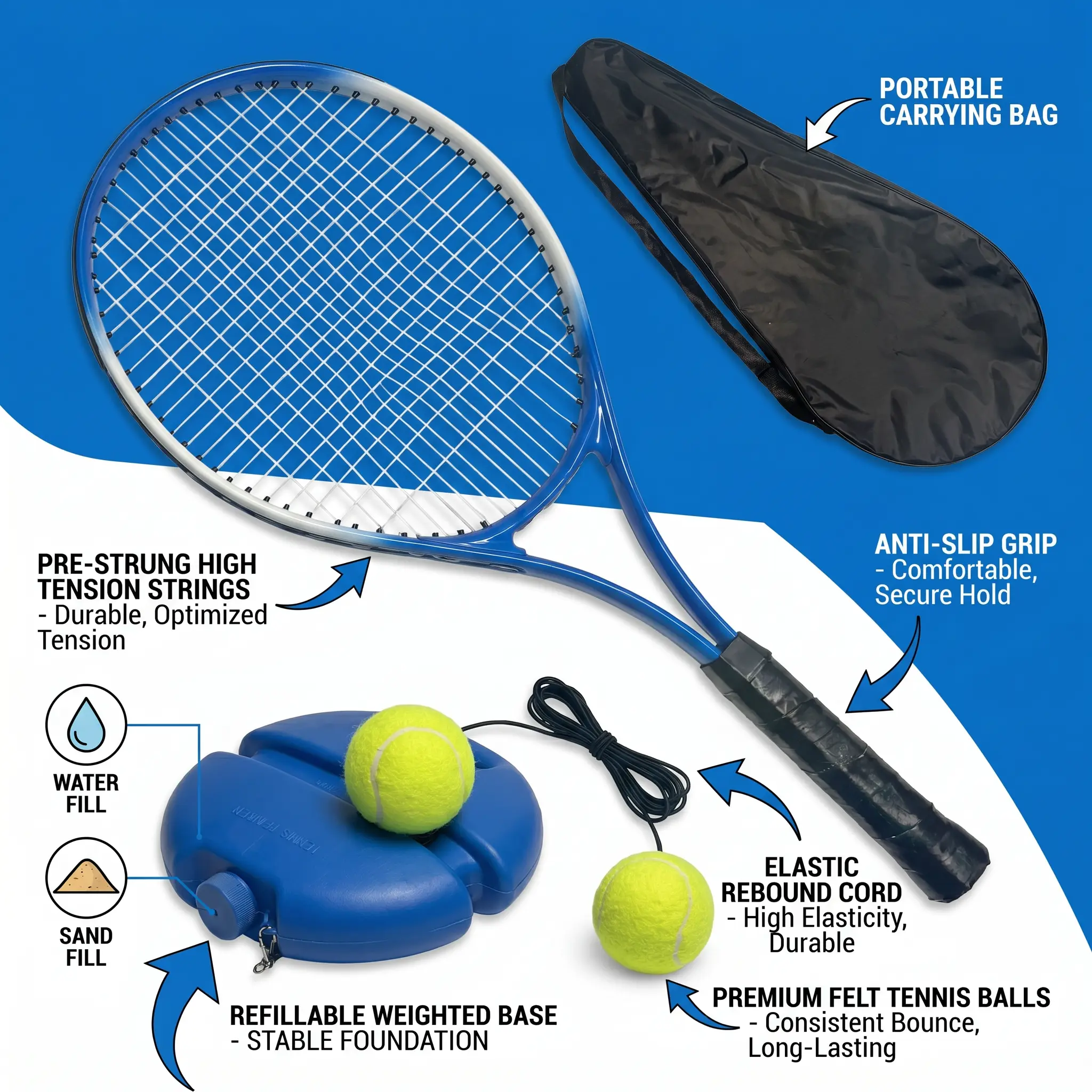 Tennis Trainer Rebound Ball with High-Elastic Cord & Pre-Strung Racket for Solo Play