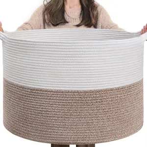 XXXLarge Cotton Rope Basket 21.7" x 21.7" x 13.8" Woven Baby Laundry Blanket Baskets Toy Burr Basket with Handle Storage Comforter Cushions for Christmas Thread Laundry Hamper