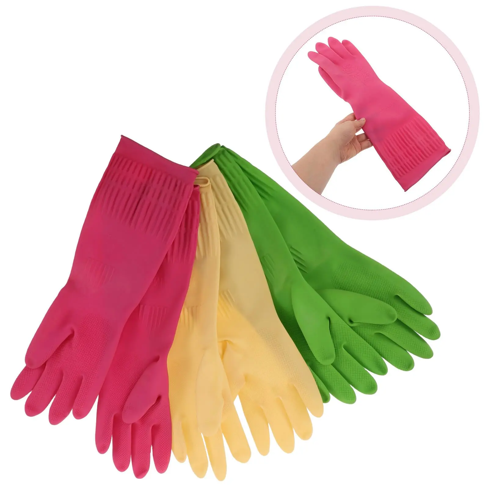 2026 NEW 3 Pairs Reusable Dishwashing Gloves – Heavy Duty Rubber Cleaning Gloves with 15” Long Cuff, Non-Slip Waterproof Kitchen Gloves for Dishes, Household Cleaning & Daily Use (XL, Multicolor) Pack